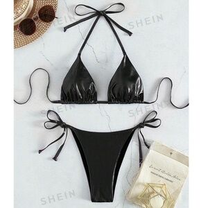 Black Faux Leather/ Metallic Tie Side Triangle Bikini (size medium)